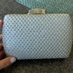 Chelsea Moreland rhinestone silver sparkle iridescent clutch